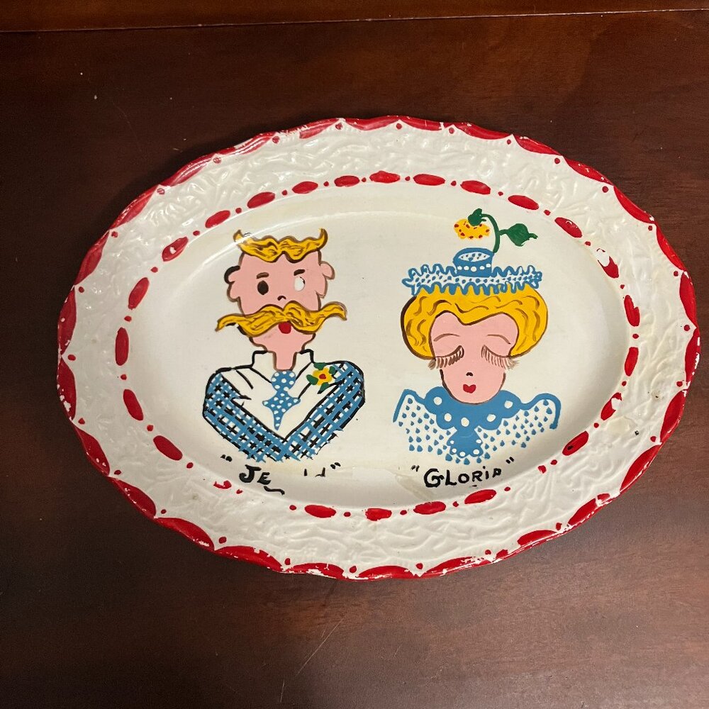 Vintage Mid-century Hand-painted Platter of a Man & Wife "Jerold and Gloria"